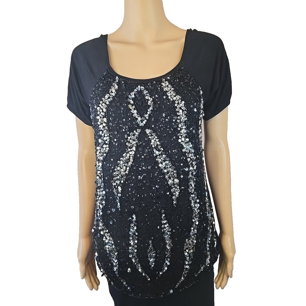 BKE Boutique Women's Black Beaded Sequin Short Sleeve Top Size Small
